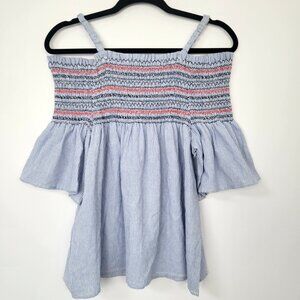 Freeway Striped Smocked Off Shoulder Flowy Ruffle Sleeve Boho Cottagecore